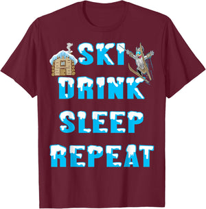 Eat Sleep Ski Drink Repeat Snow Winter Sports Apres Skiing T-Shirt - T-Shirt | Maroon