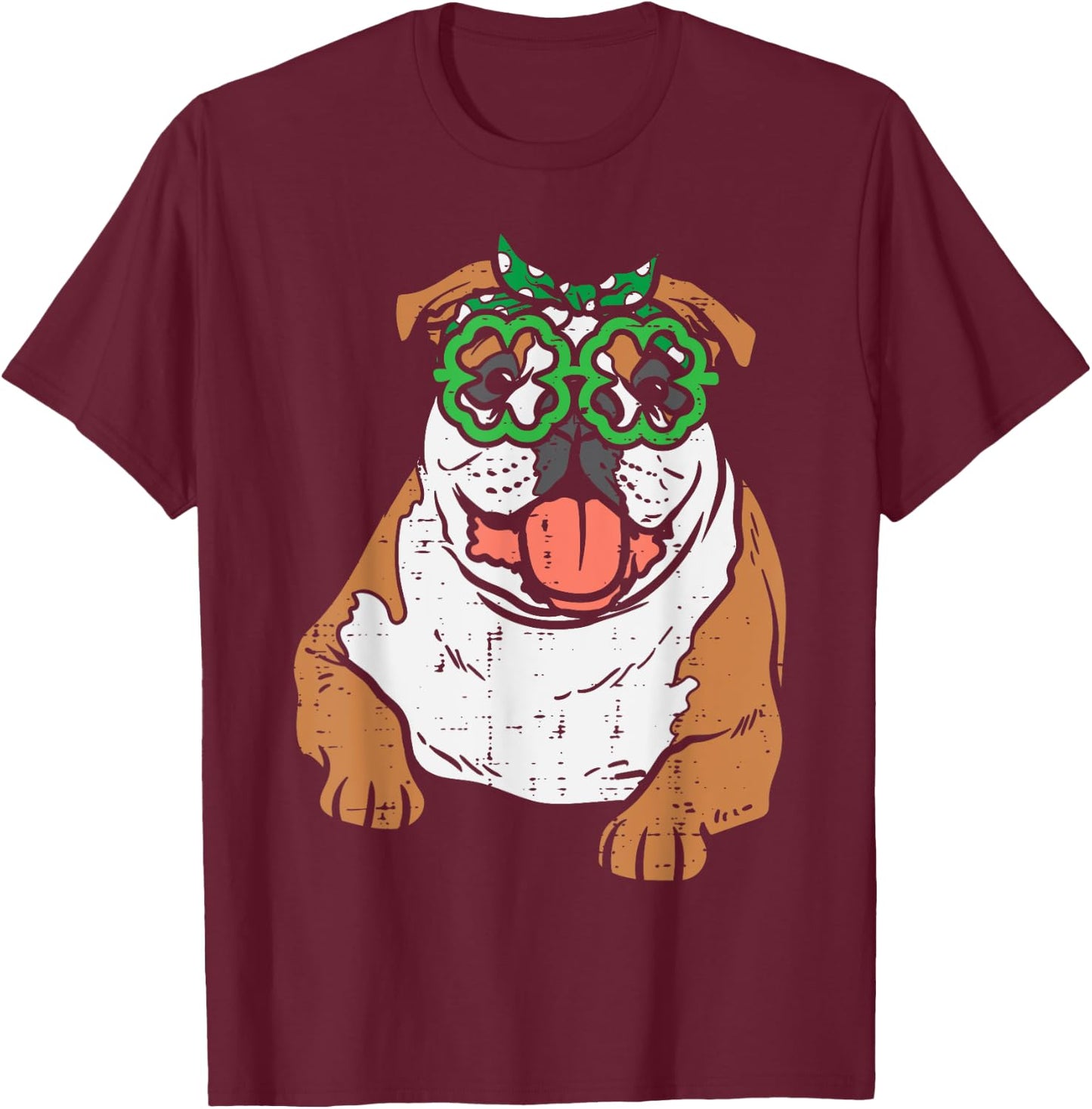 English Bulldog Shamrock Glasses St Patricks Day Dog Gift Women Kids T-Shirt - T-Shirt | Maroon