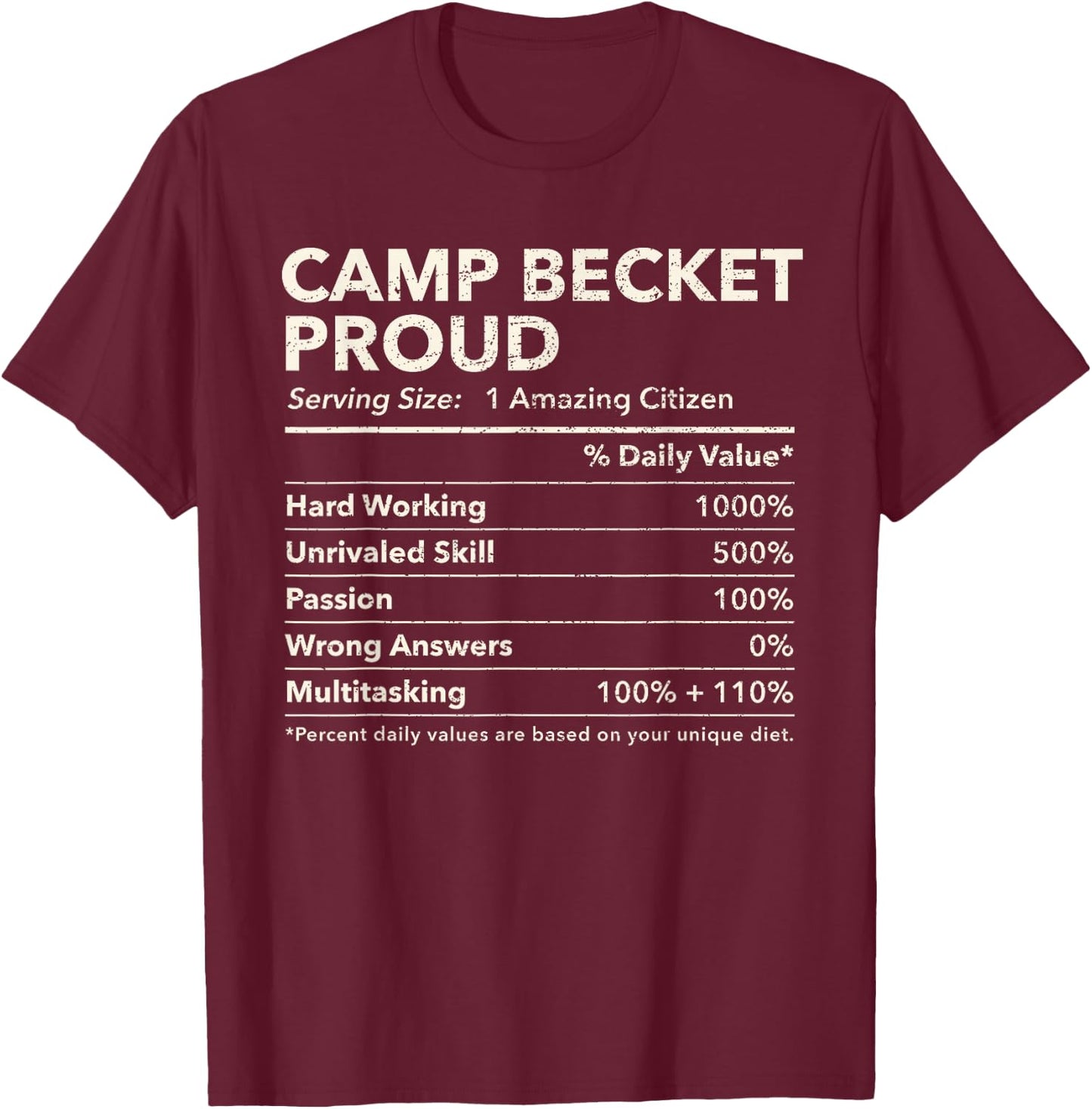 Camp Becket, Massachusetts Proud Nutrition Facts T-Shirt - T-Shirt | Maroon