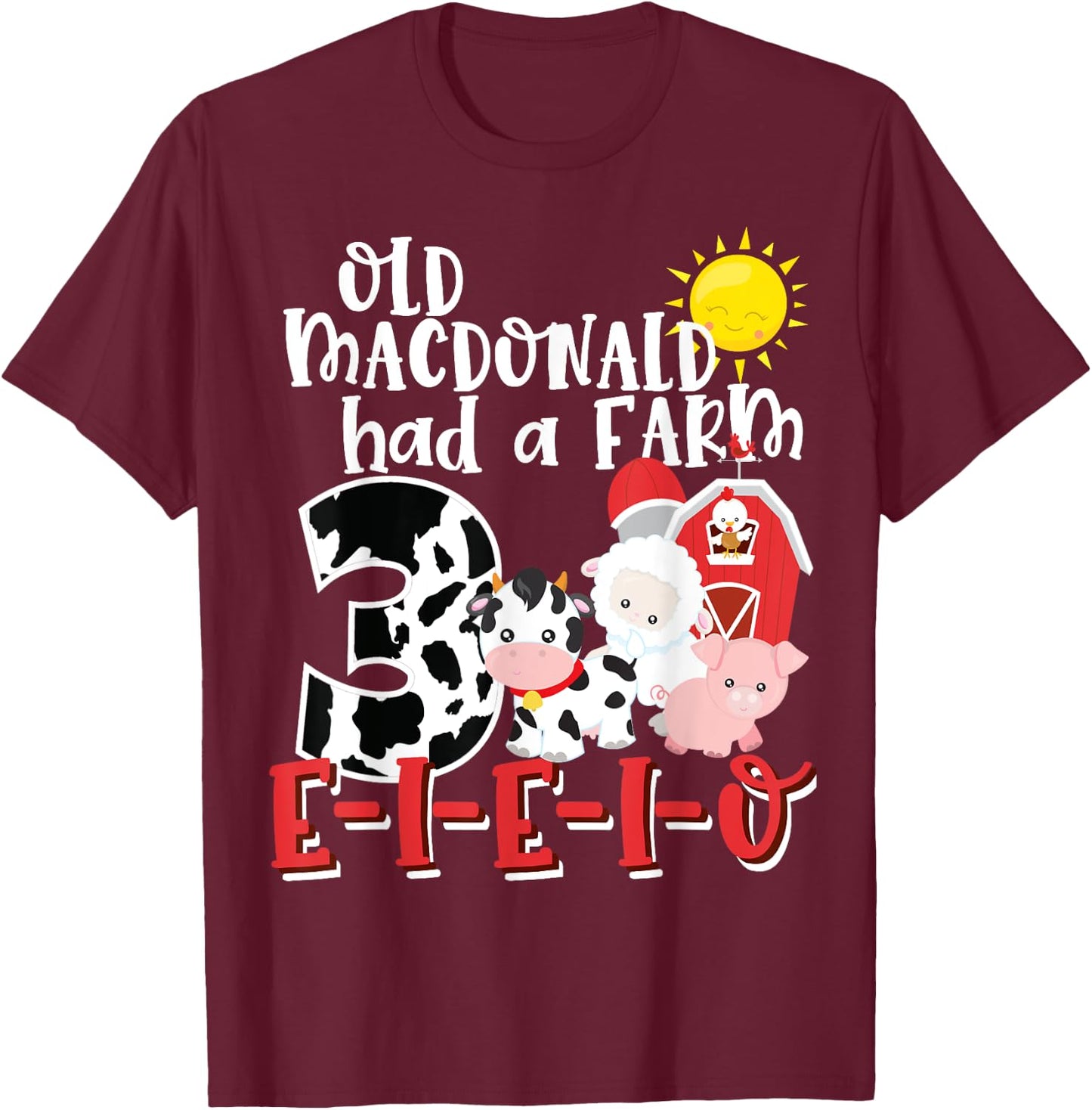 Old MacDonald Farm 3rd Birthday 3 Year Old Birthday Boy Girl T-Shirt - T-Shirt | Maroon