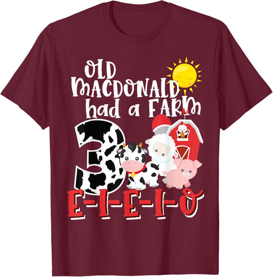 Old MacDonald Farm 3rd Birthday 3 Year Old Birthday Boy Girl T-Shirt - T-Shirt | Maroon