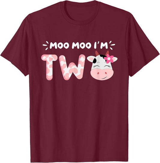 Moo Moo I'm Two 2nd Birthday Cow Lovers Cow Face Farm Life T-Shirt - T-Shirt | Maroon