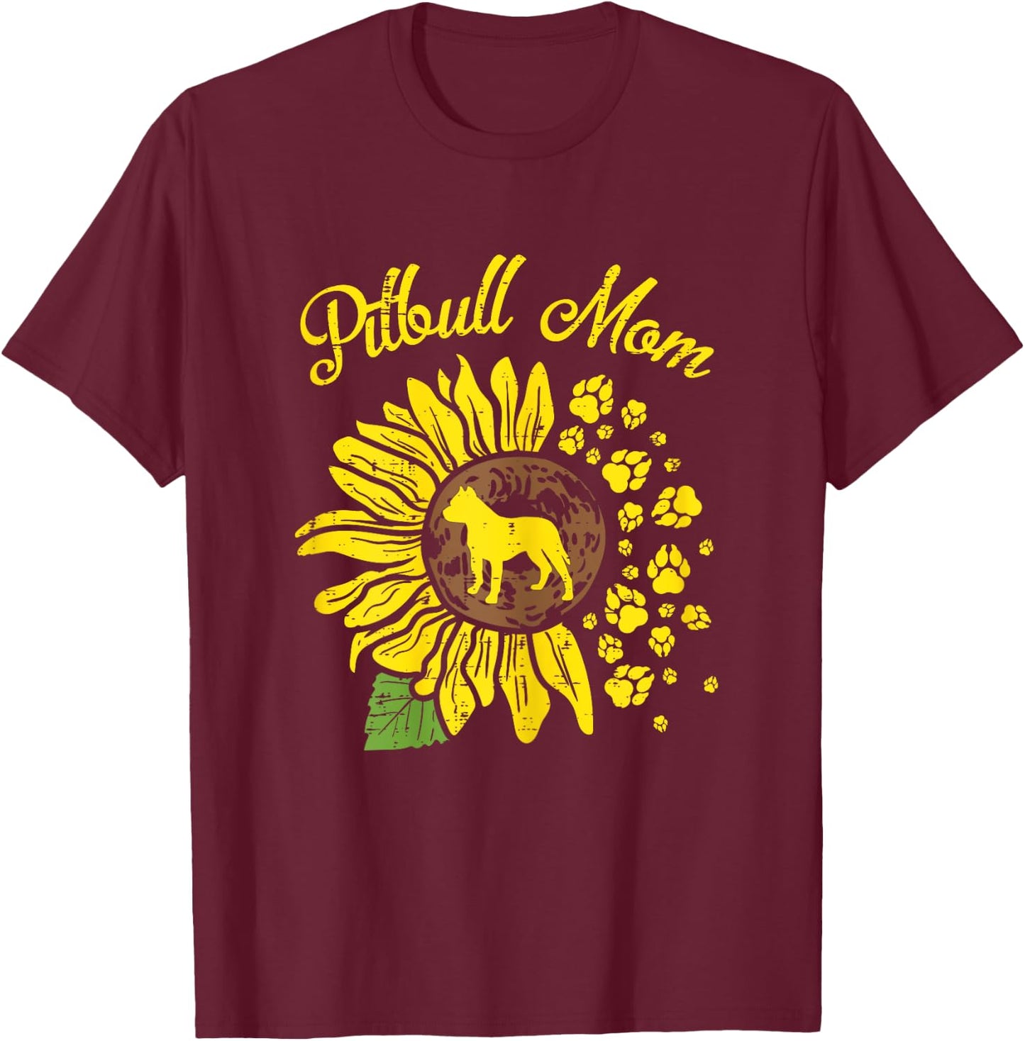 Pitbull Mom Sunflower Paw Pittie Dog Owner Mama Women Gift T-Shirt - T-Shirt | Maroon
