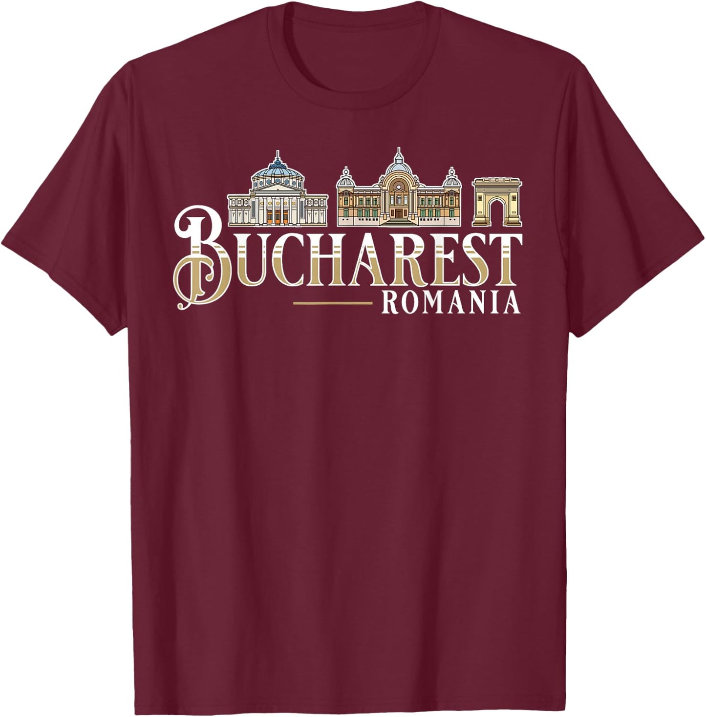 Bucharest Romania City Skyline Map Travel T-Shirt - T-Shirt | Maroon