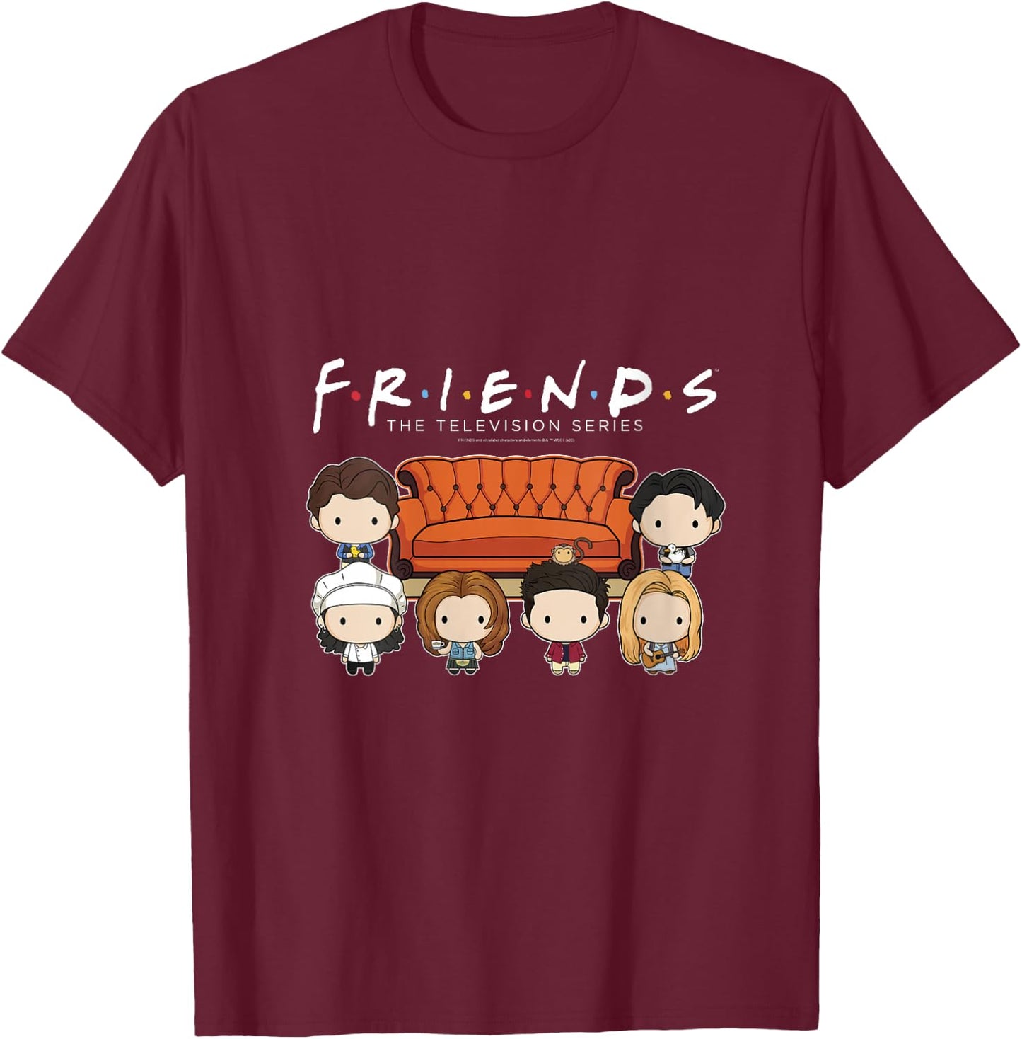 Friends Chibi Characters Central Perk Coffee Shop Group Shot V-Neck T-Shirt - T-Shirt | Maroon