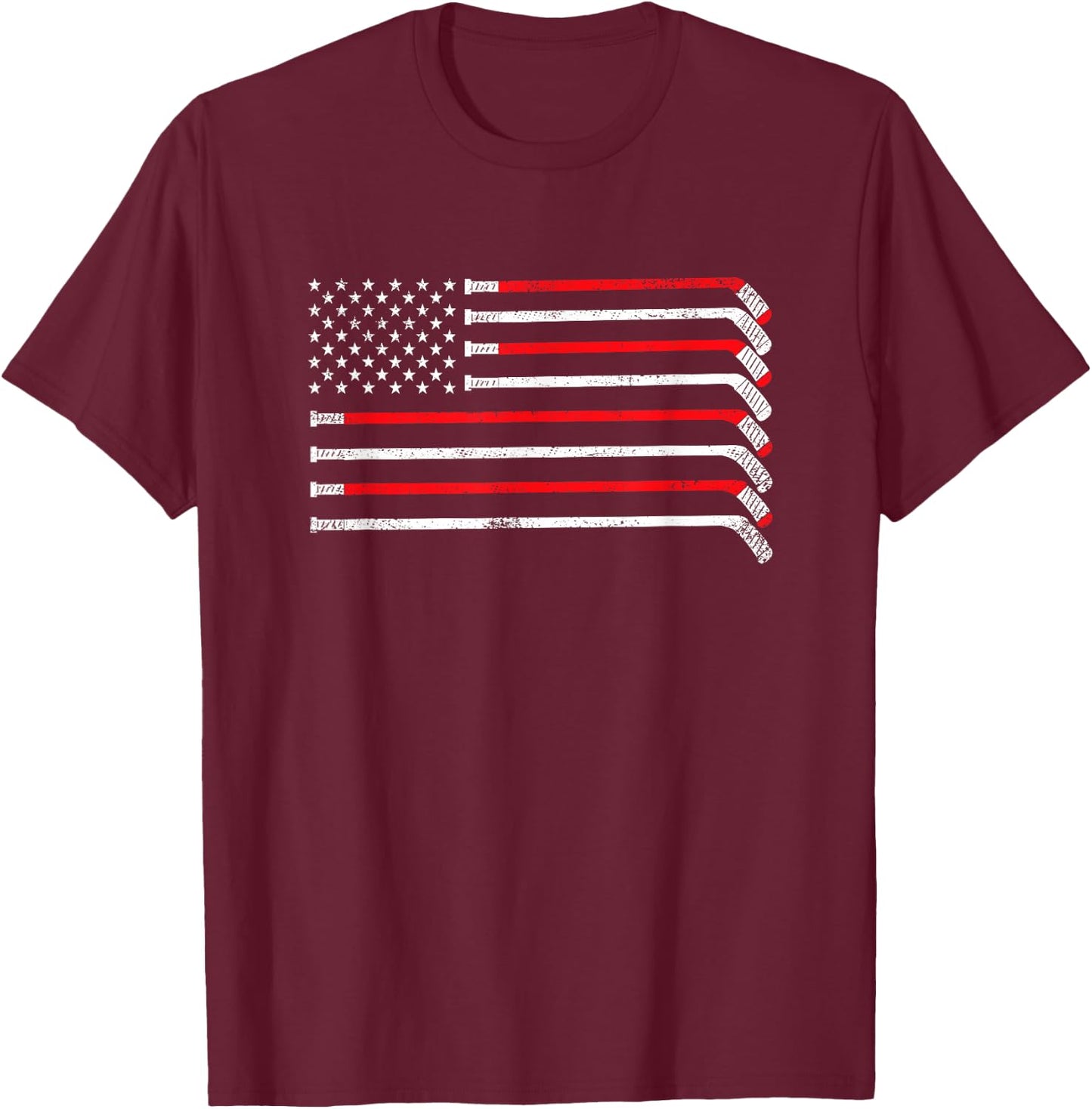 Hockey Stick USA Flag Faded Hockey Player T-Shirt - T-Shirt | Maroon