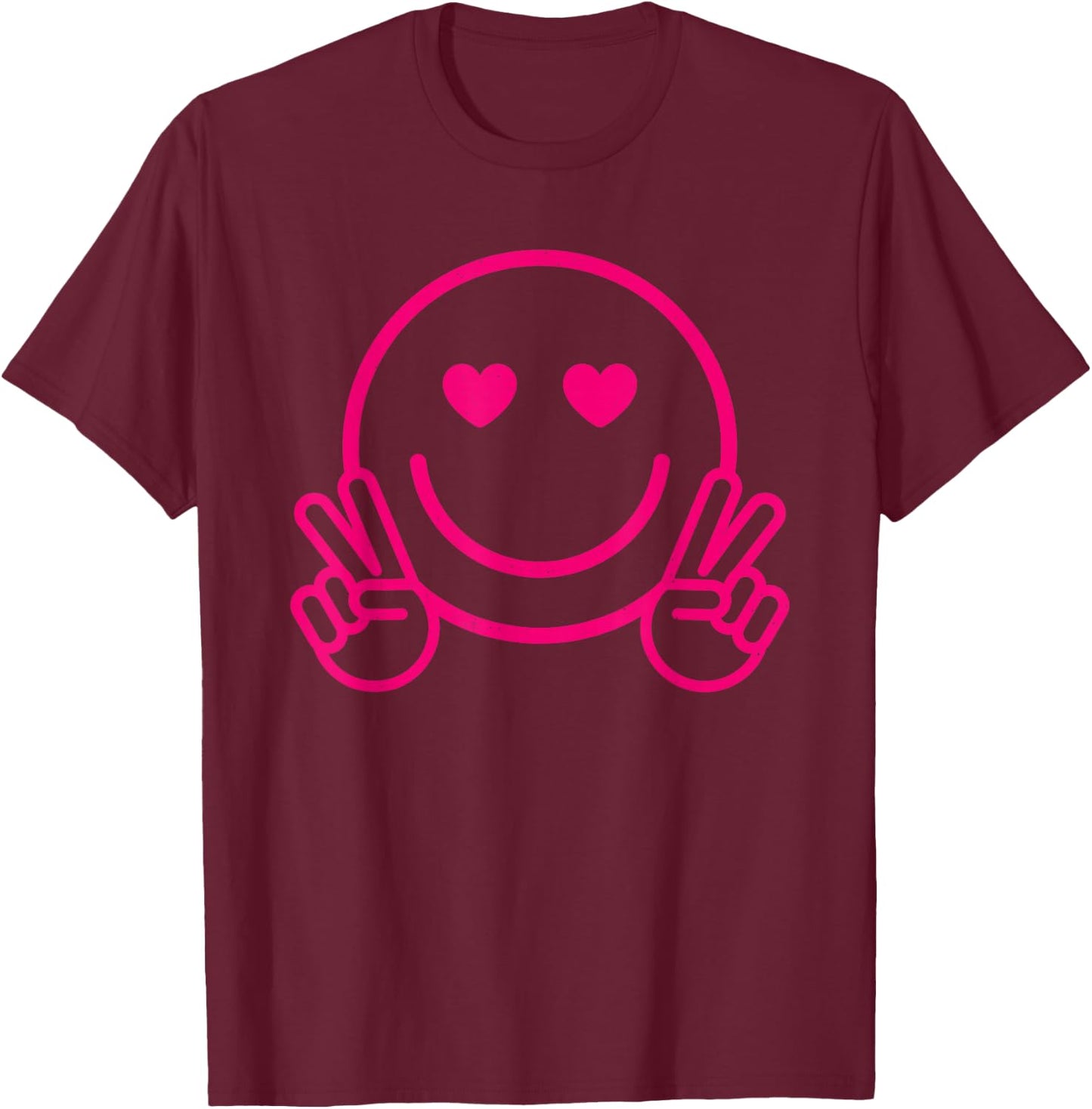 Pink Love Heart Eyes Smile Face Funny Peace Hand Happy Face T-Shirt - T-Shirt | Maroon