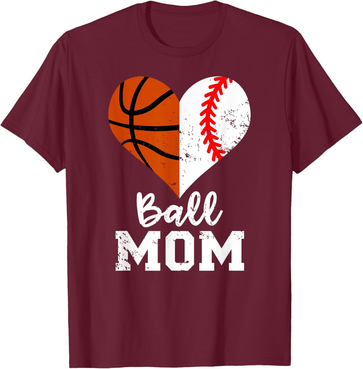 Ball Mom Heart Funny Baseball Basketball Mom T-Shirt - T-Shirt | Maroon