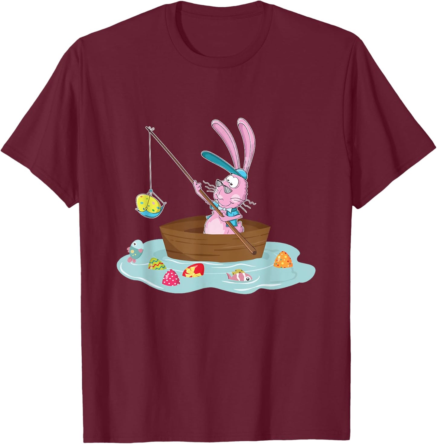 Funny Easter Bunny Fishing Egg Hunting - Easter Sunday Fun T-Shirt - T-Shirt | Maroon