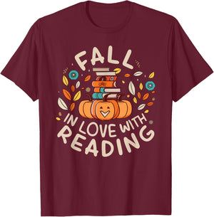 Fall In Love With Reading Book Autumn Pumpkins And Teachers T-Shirt - T-Shirt | Maroon