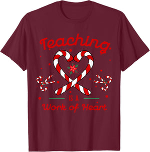 Teaching is a Work of Heart Christmas Teacher Candy Cane Women T-Shirt - T-Shirt | Maroon