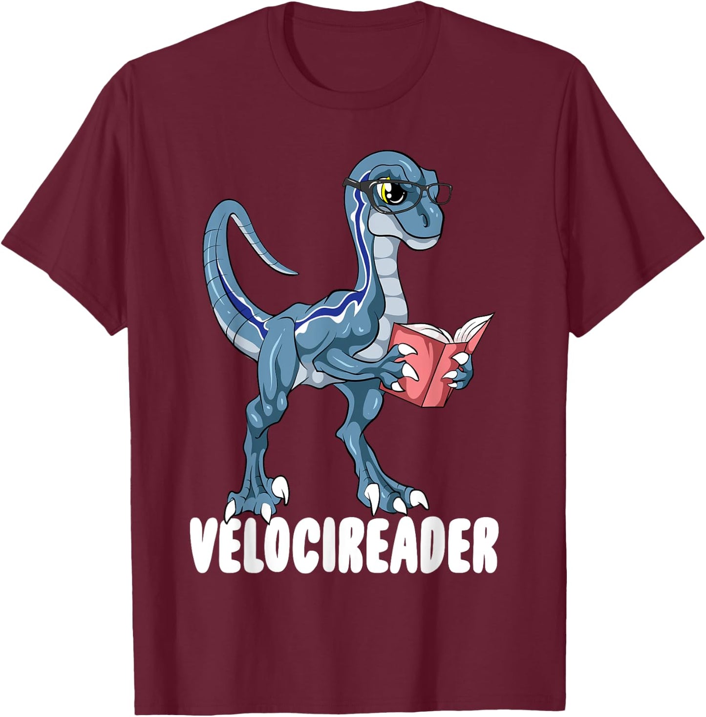 Velocireader Velociraptor Dinosaur Reading Book Lovers T-Shirt - T-Shirt | Maroon