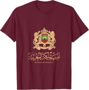 Golden Emblem of Kingdom of Morocco with Morocco Flag Sign T-Shirt - T-Shirt | Maroon