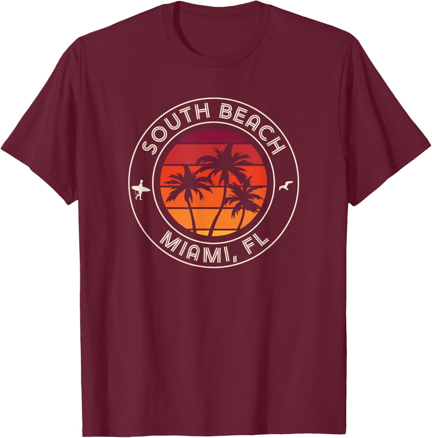 Miami Sunset Surfer and Seagull South Beach T-Shirt - T-Shirt | Maroon