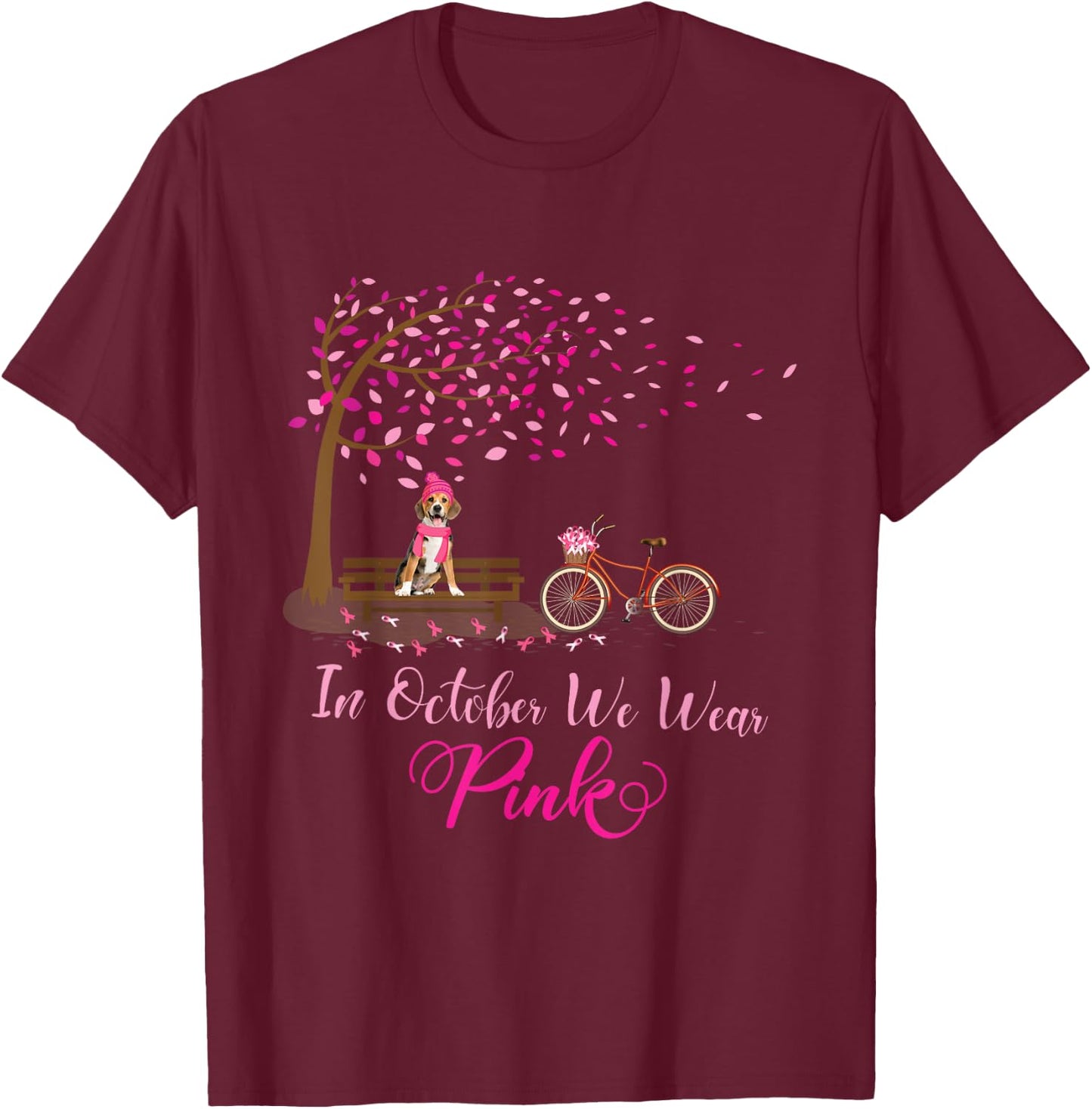 In October We Wear Pink Beagle Fall Leaves Breast Cancer T-Shirt - T-Shirt | Maroon