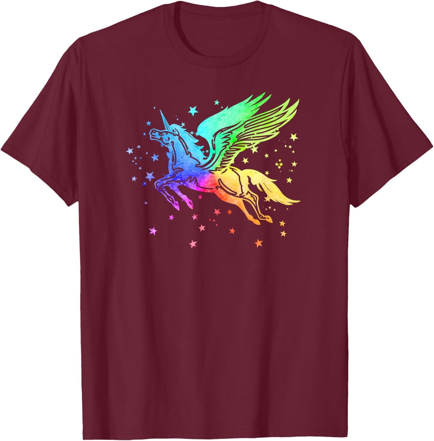 Unicorn Winged Pegasus Horse Rainbow Space Galaxy Stars Girl T-Shirt - T-Shirt | Maroon