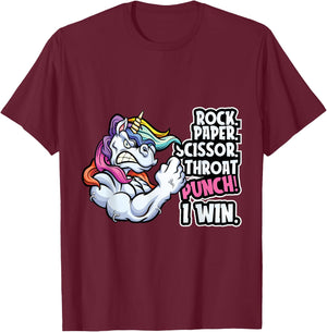Rock Paper Throat Punch I Win - Funny Unicorn Theme Scissors T-Shirt - T-Shirt | Maroon