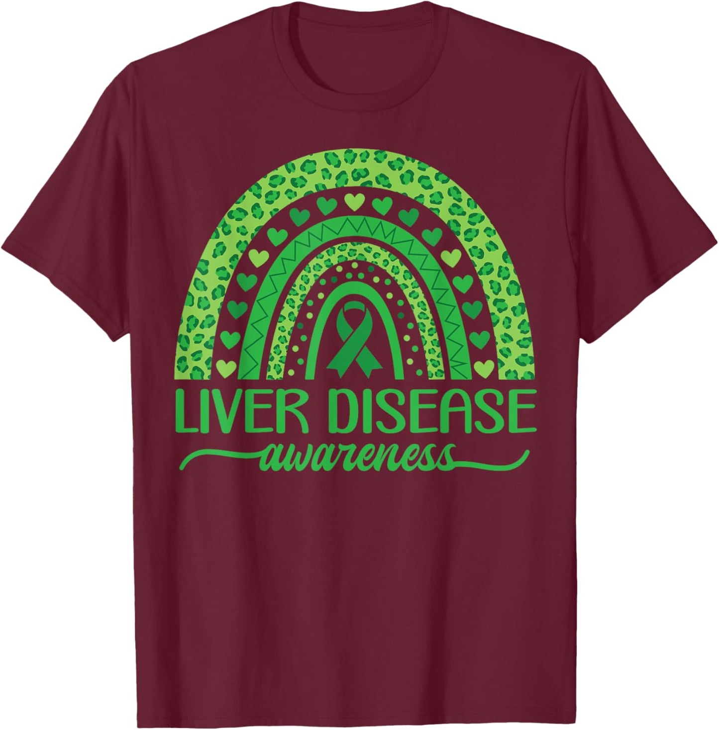 Boho Rainbow Liver Cancer Awareness with Green Ribbon T-Shirt - T-Shirt | Maroon
