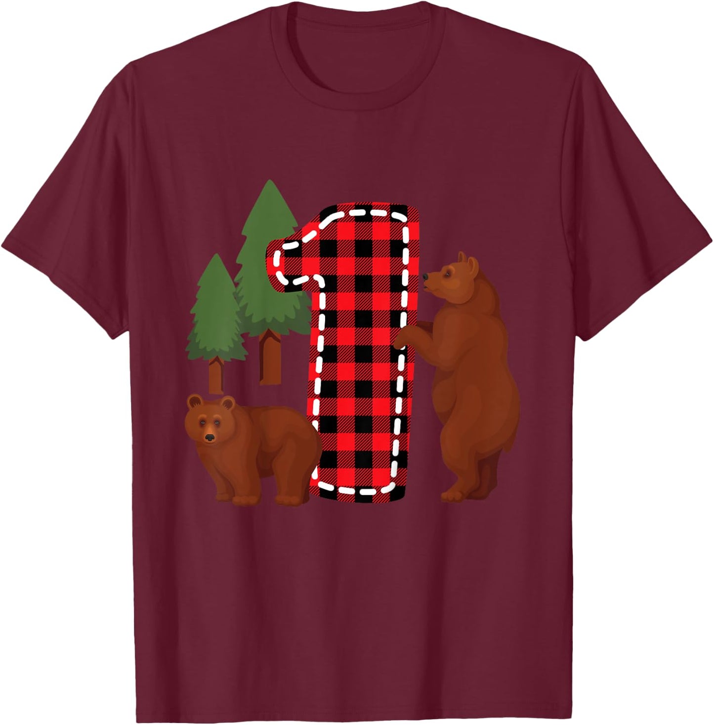 Kids 1 Year Old Lumberjack Birthday Party Bear Plaid Boy 1st Gift T-Shirt - T-Shirt | Maroon