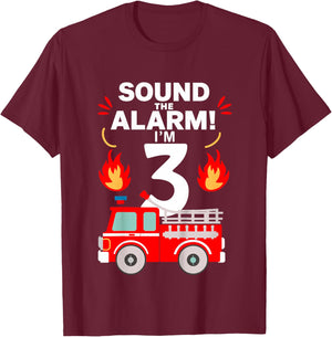 Kids 3rd Birthday Fire Truck 3 Year Old Birthday Boy Firefighter T-Shirt - T-Shirt | Maroon