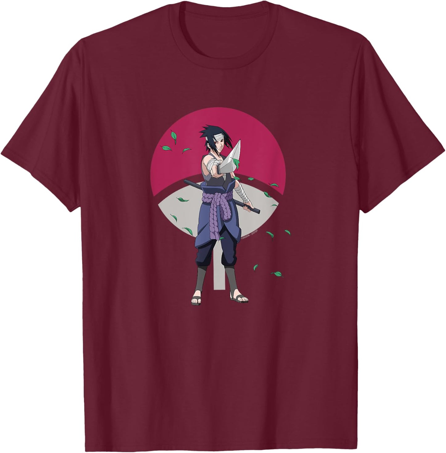 Naruto Shippuden Sasuke Uchiha Leaves and Symbol Anime T-Shirt - T-Shirt | Maroon