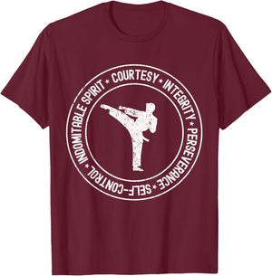 Distressed 5 Tenets of Taekwondo Taekwondo Kicking Outfit T-Shirt - T-Shirt | Maroon