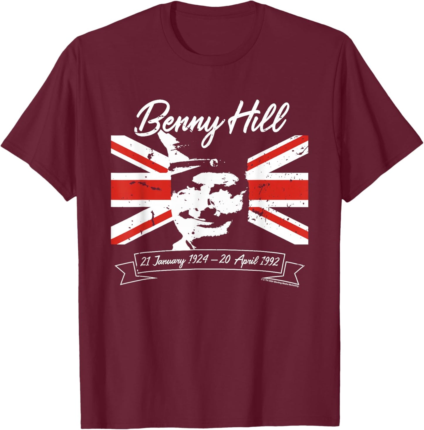 Benny Hill Show Comedian Smile Union Jack Flag T-Shirt - T-Shirt | Maroon