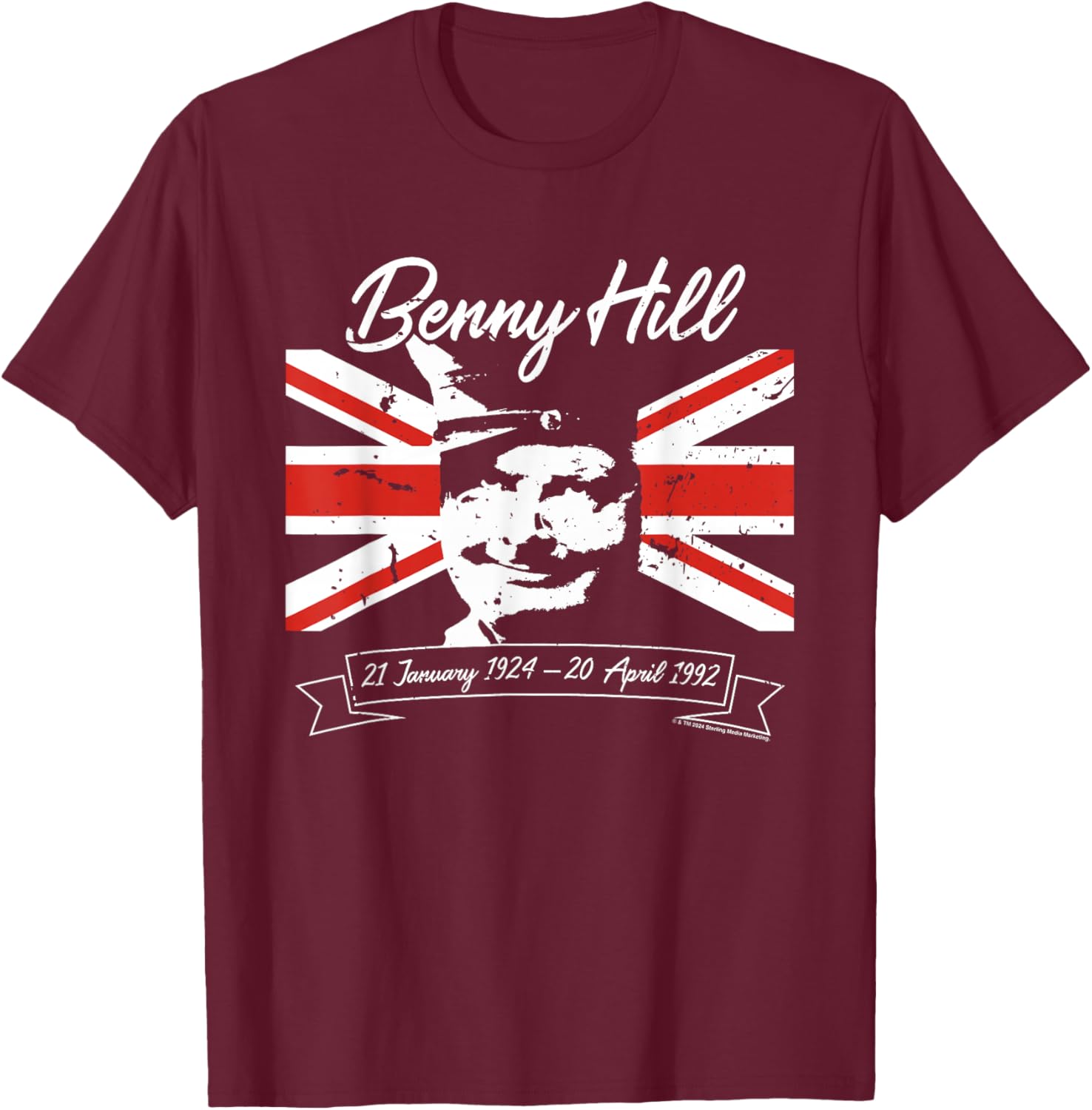 Benny Hill Show Comedian Smile Union Jack Flag T-Shirt - T-Shirt | Maroon