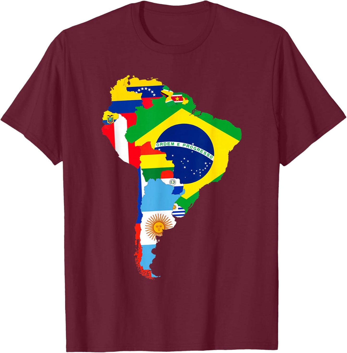 Latin South America Continent Map Flags T-Shirt - T-Shirt | Maroon