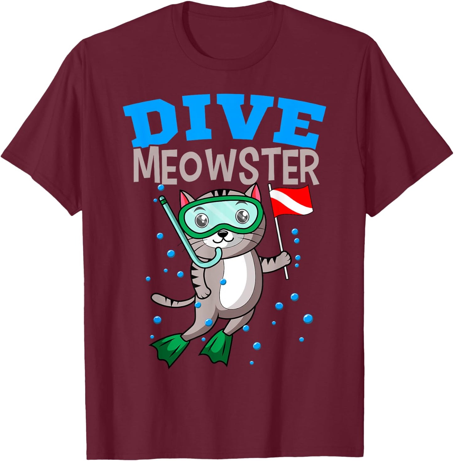 Cat Diver Meowster Scuba Diving Down Flag Underwater Dive Men Women Girls Kids T-Shirt - T-Shirt | Maroon