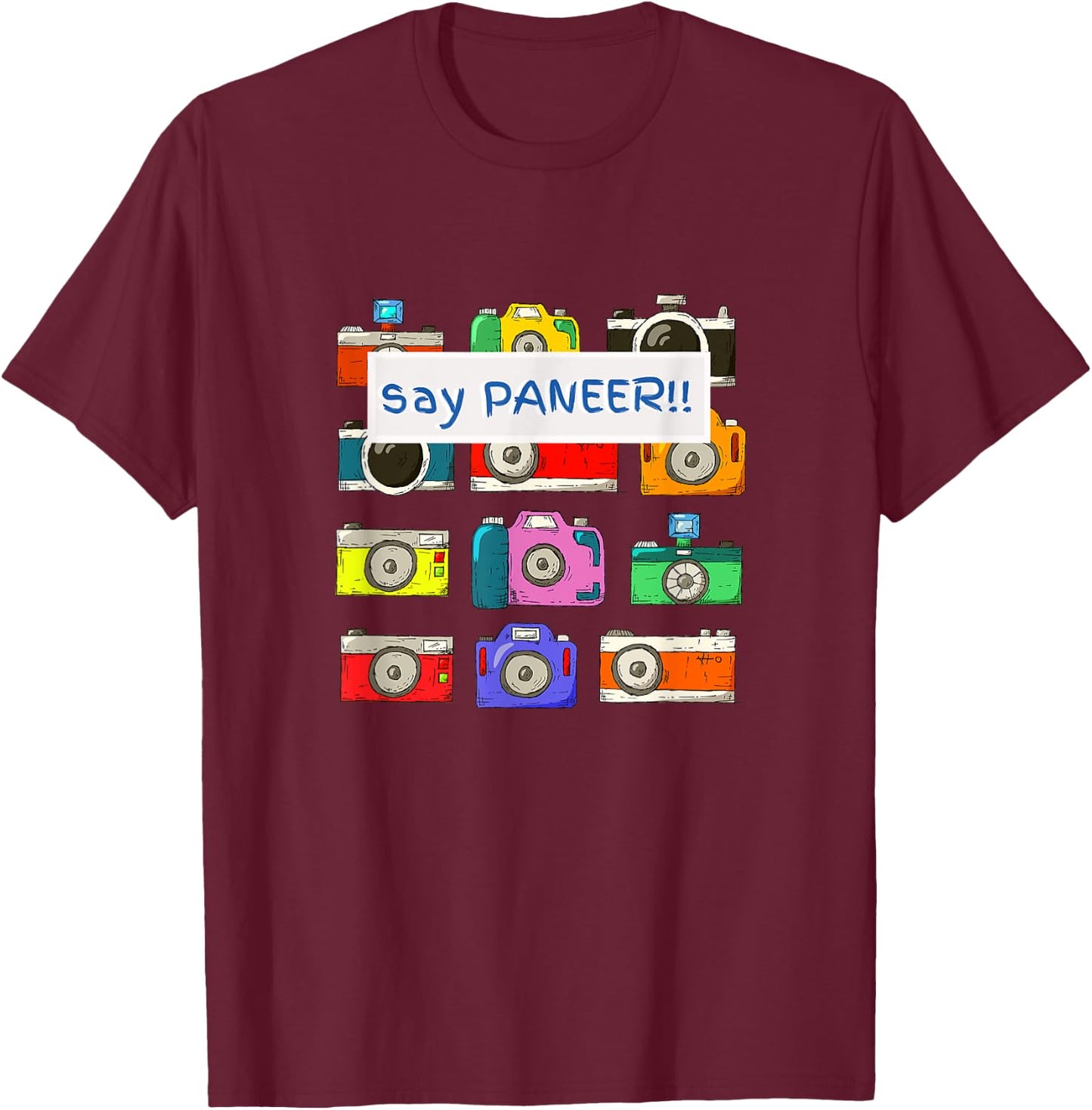 Say Paneer | Funny Indian Cheese Retro Camera Men Women T-Shirt - T-Shirt | Maroon