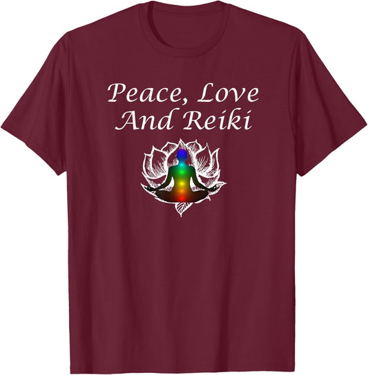 Wrinkled Hippie Peace Love And Reiki Lotus Meditation Chakra Gift T-Shirt - T-Shirt | Maroon