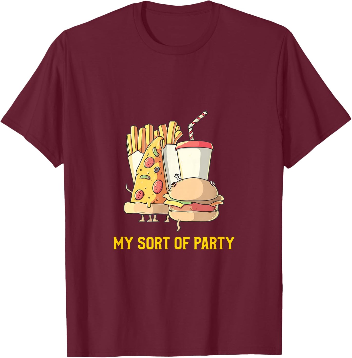 My Sort of Junk Food Party-Pizza, Burger, Fries, Milkshake T-Shirt - T-Shirt | Maroon