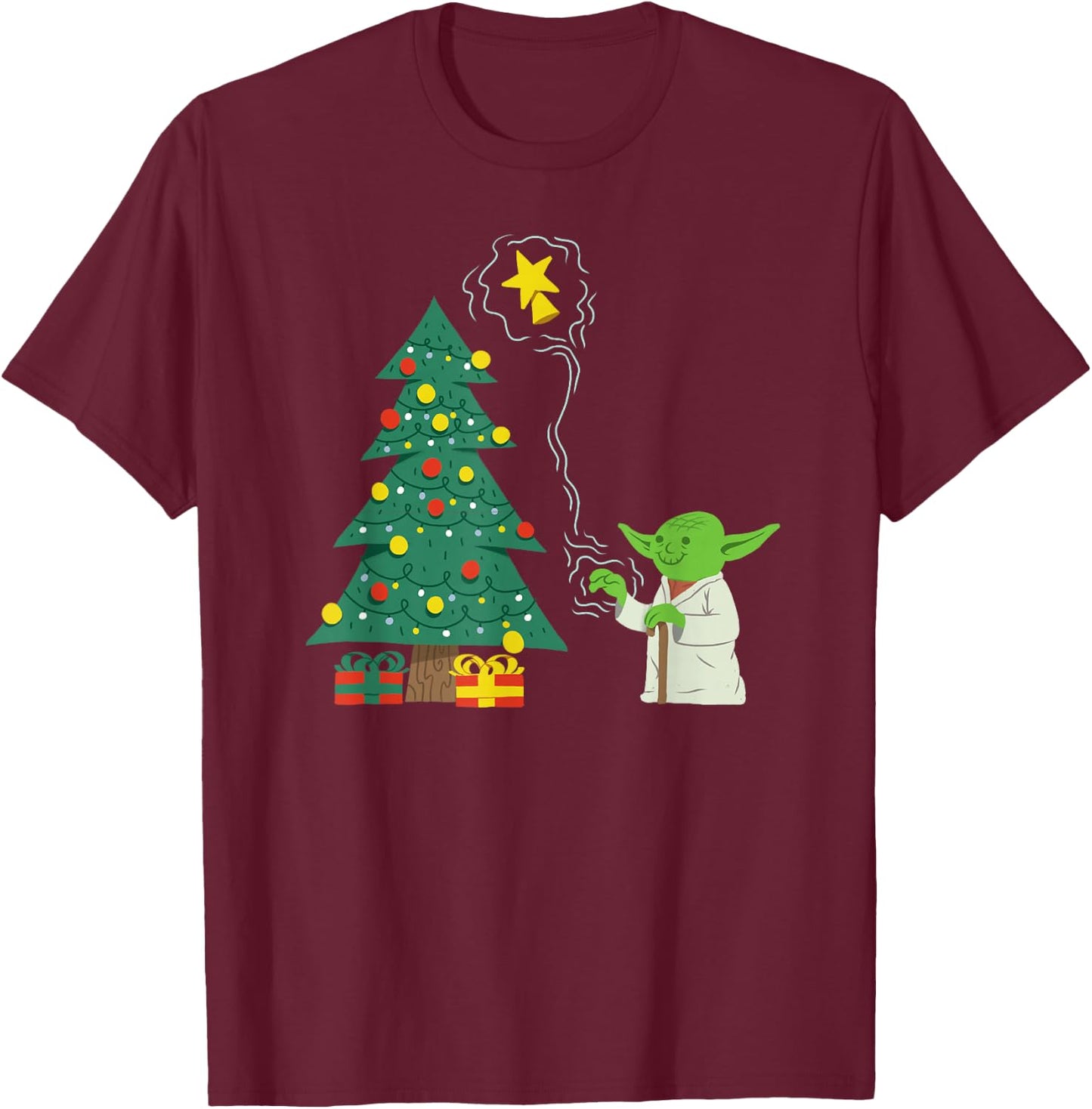 Star Wars Holiday Yoda Decorates Christmas Tree T-Shirt - T-Shirt | Maroon