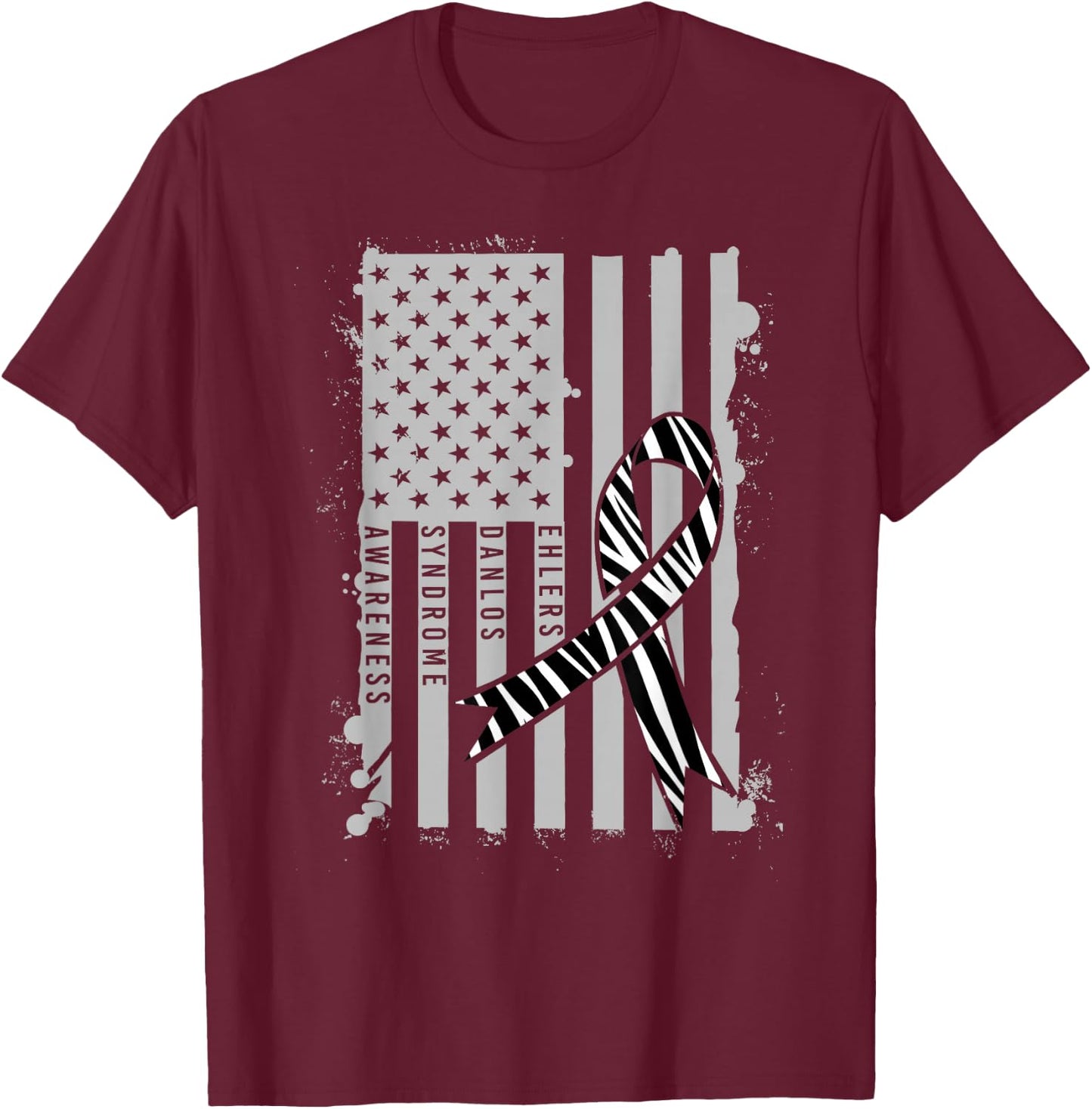 Patriotic Ehlers-Danlos Syndrome EDS Awareness Zebra Ribbon T-Shirt - T-Shirt | Maroon
