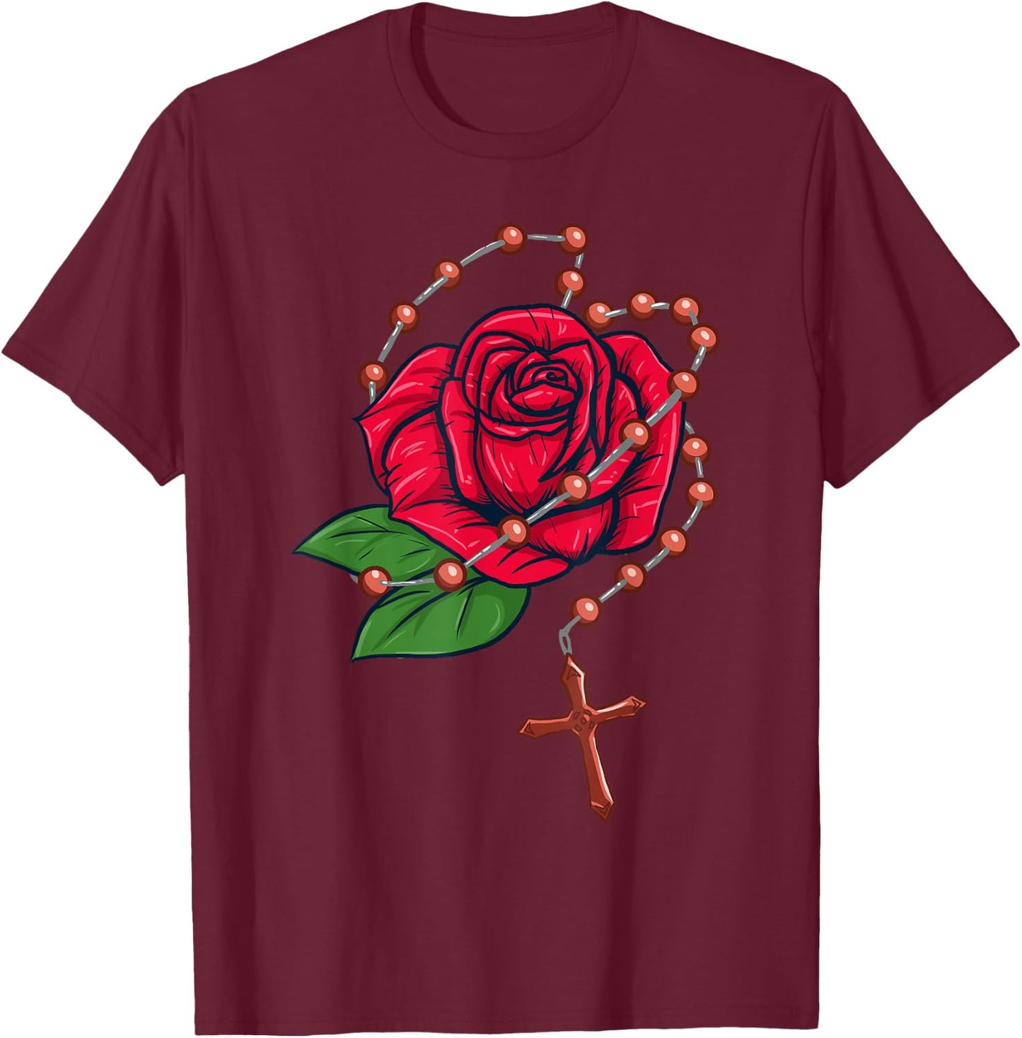 Rosary Beads & Rose - Catholic Pray The Rosary T-Shirt - T-Shirt | Maroon