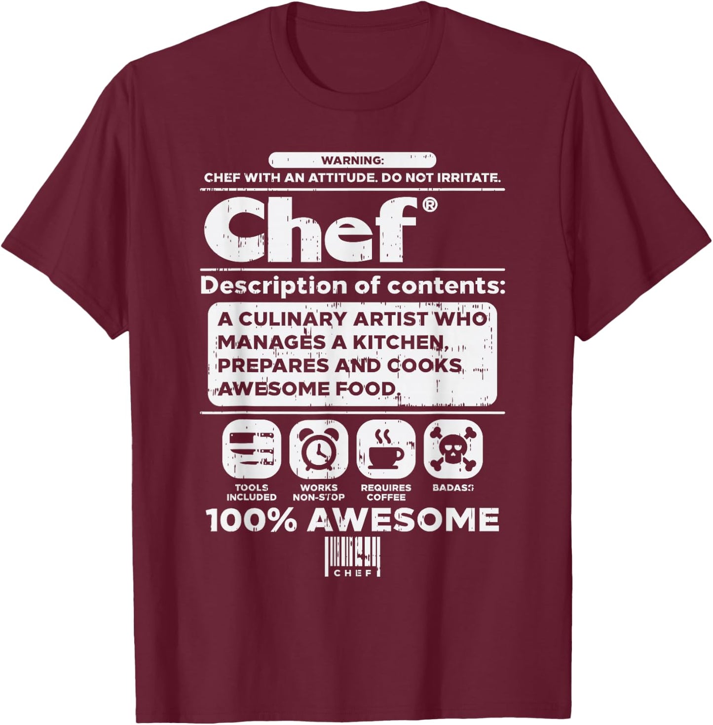 Warning Chef 100% Awesome Culinary Artist Men Women Gift T-Shirt - T-Shirt | Maroon