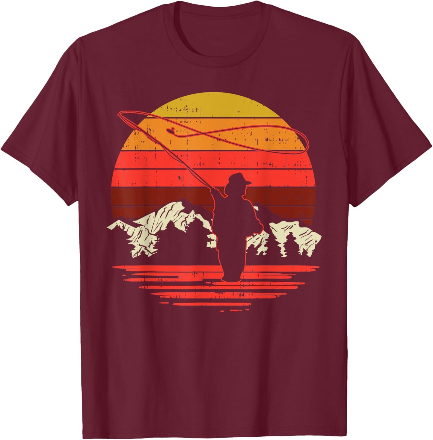 Fly Fishing Sunset Retro Trout Angling Fisherman Angler Gift T-Shirt - T-Shirt | Maroon