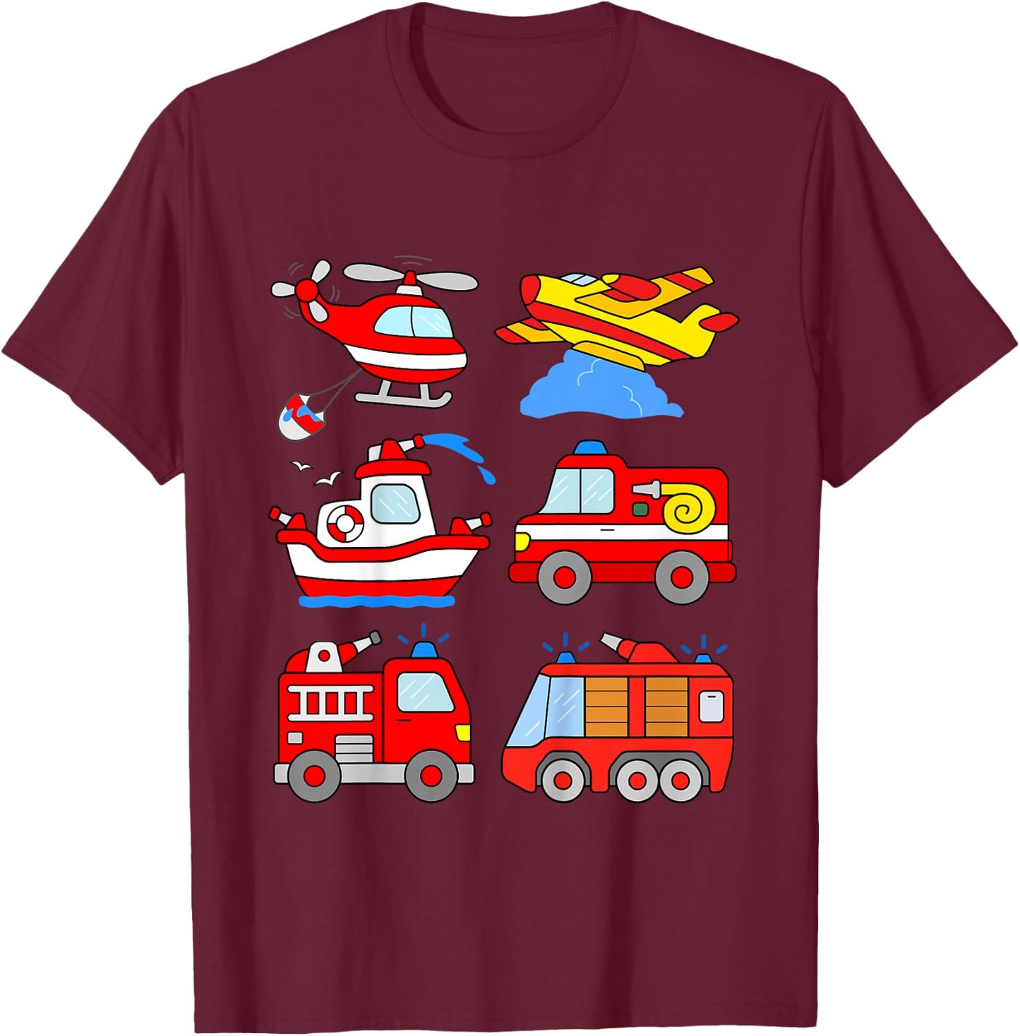 Kids Fire Engines Boys Toddlers Firefighter Boat Plane Helicopter T-Shirt - T-Shirt | Maroon