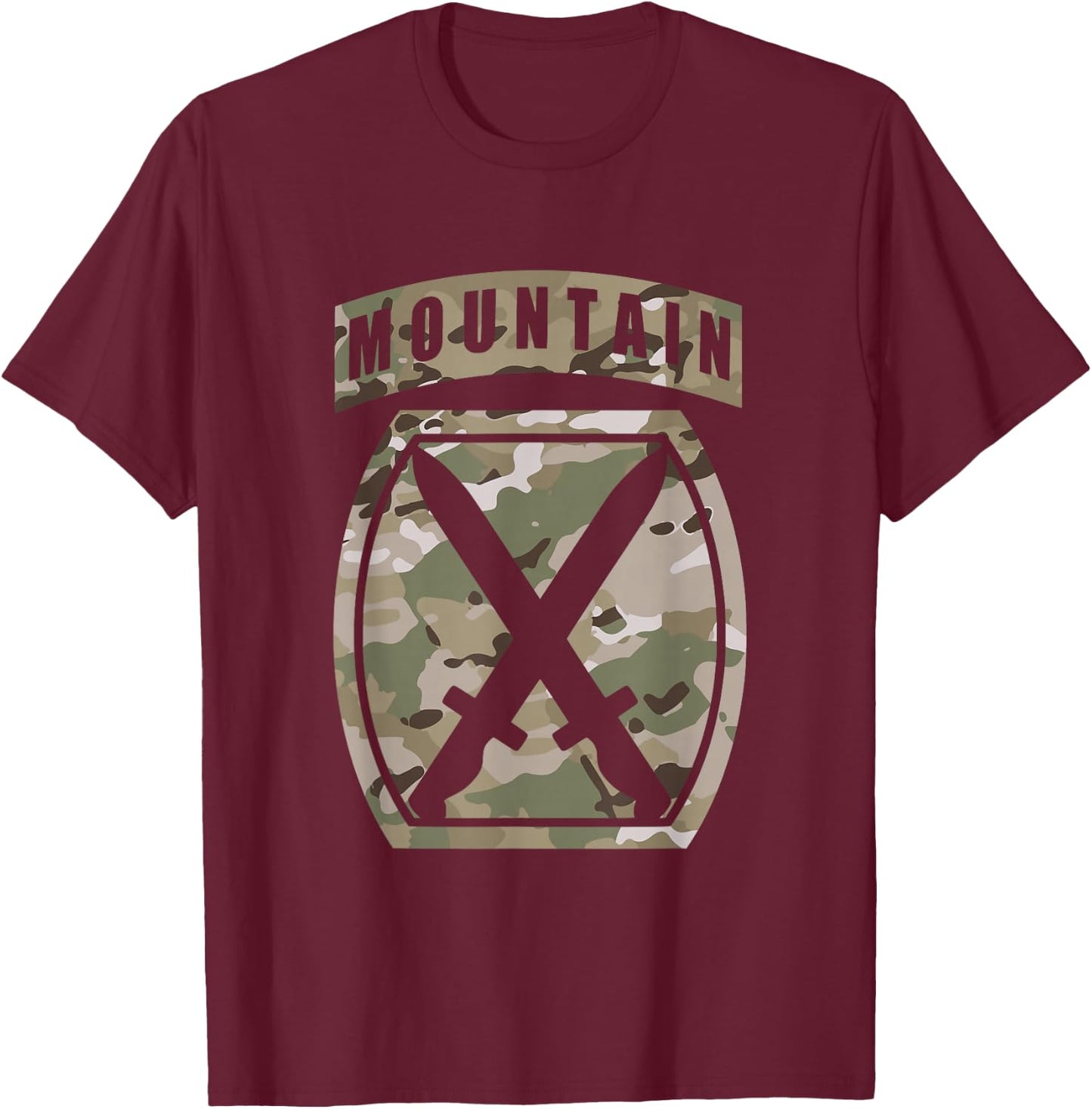 10th Mountain Division Patch - 10th MTN OCP Multicam Camo T-Shirt - T-Shirt | Maroon