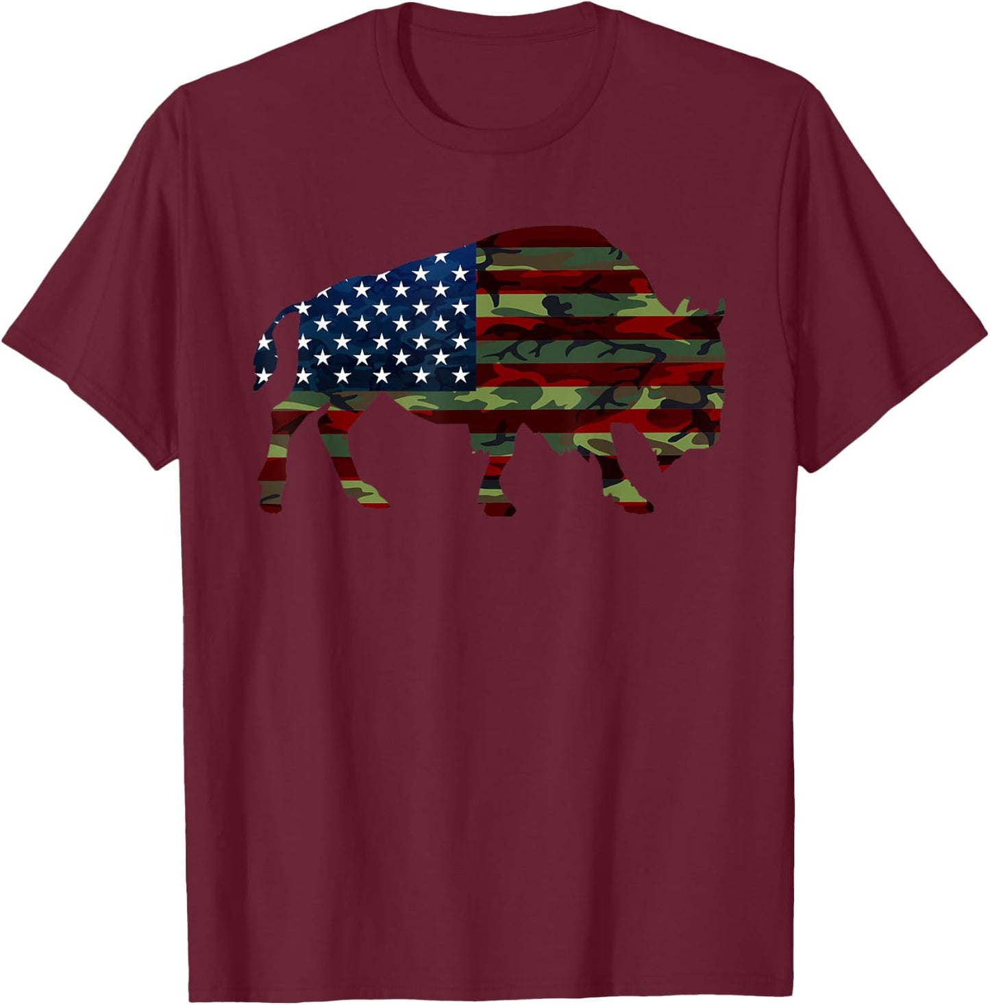American Bison Cattle Ox USA Flag Camouflage Buffalo T-Shirt - T-Shirt | Maroon