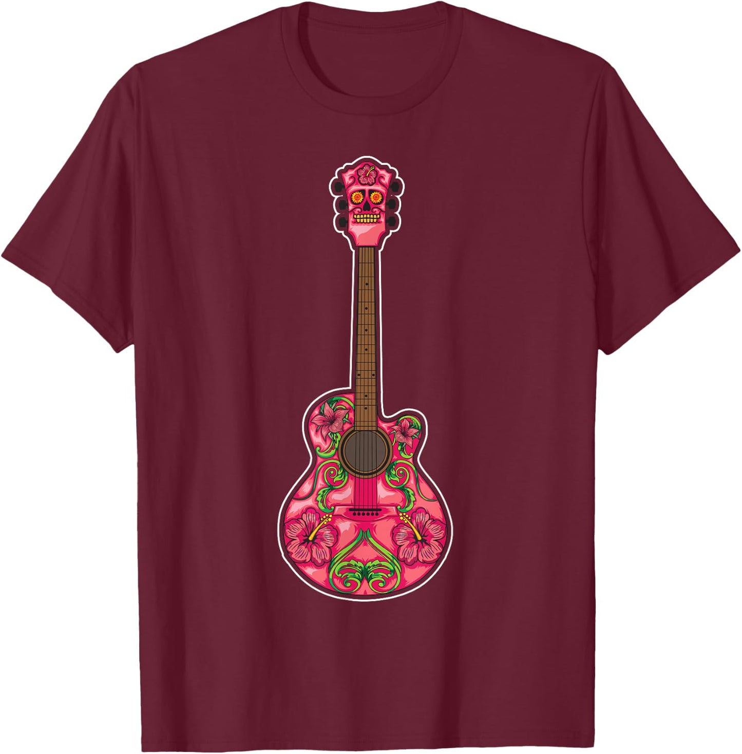 Guitar Sugar Skull Decoration | Guitarists Funny Music Gift T-Shirt - T-Shirt | Maroon
