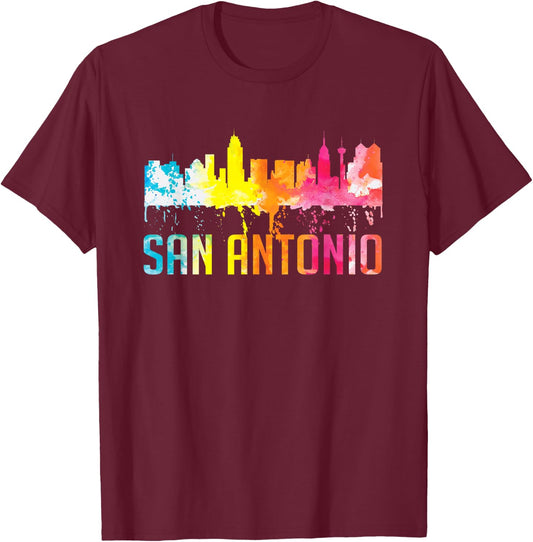 San Antonio Texas Retro Watercolor City Skyline Art Souvenir T-Shirt - T-Shirt | Maroon