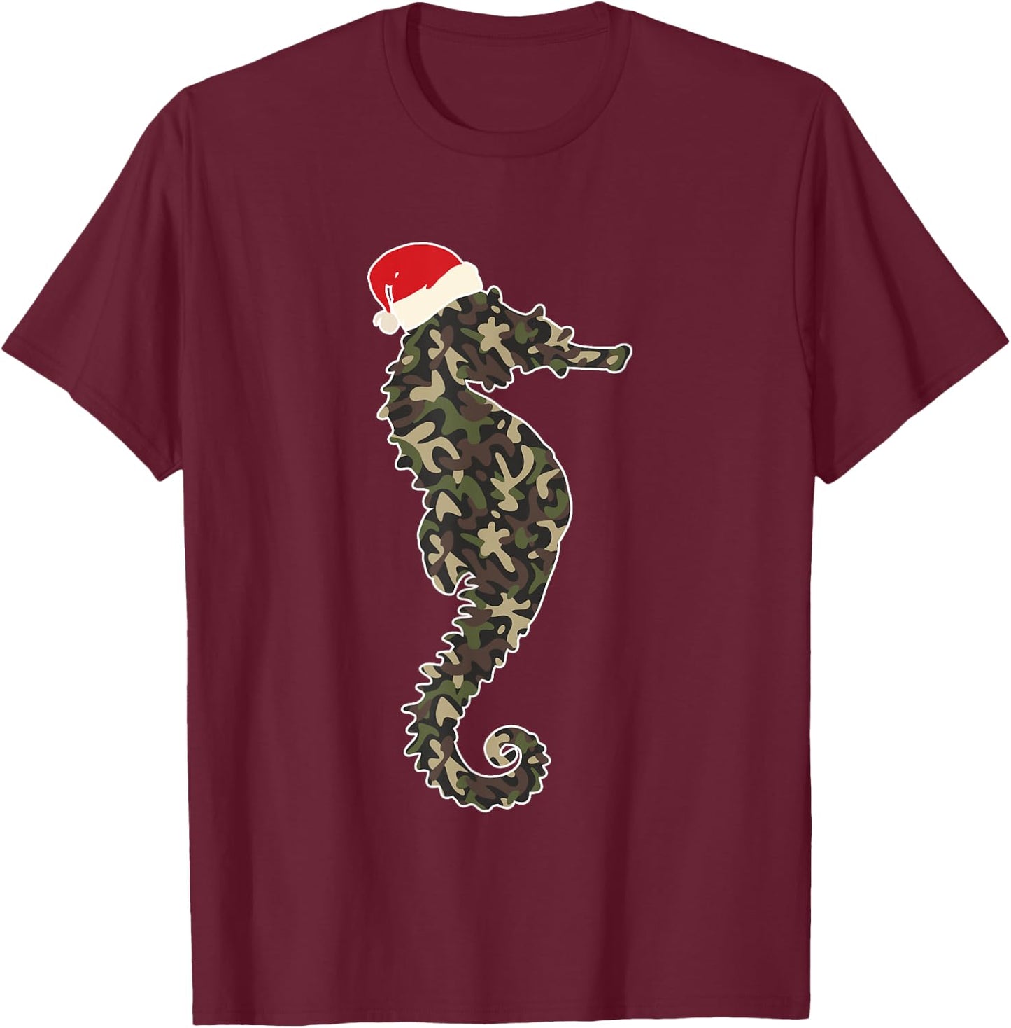 Seahorse Lover Christmas Santa Hat Camouflage Illustration T-Shirt - T-Shirt | Maroon
