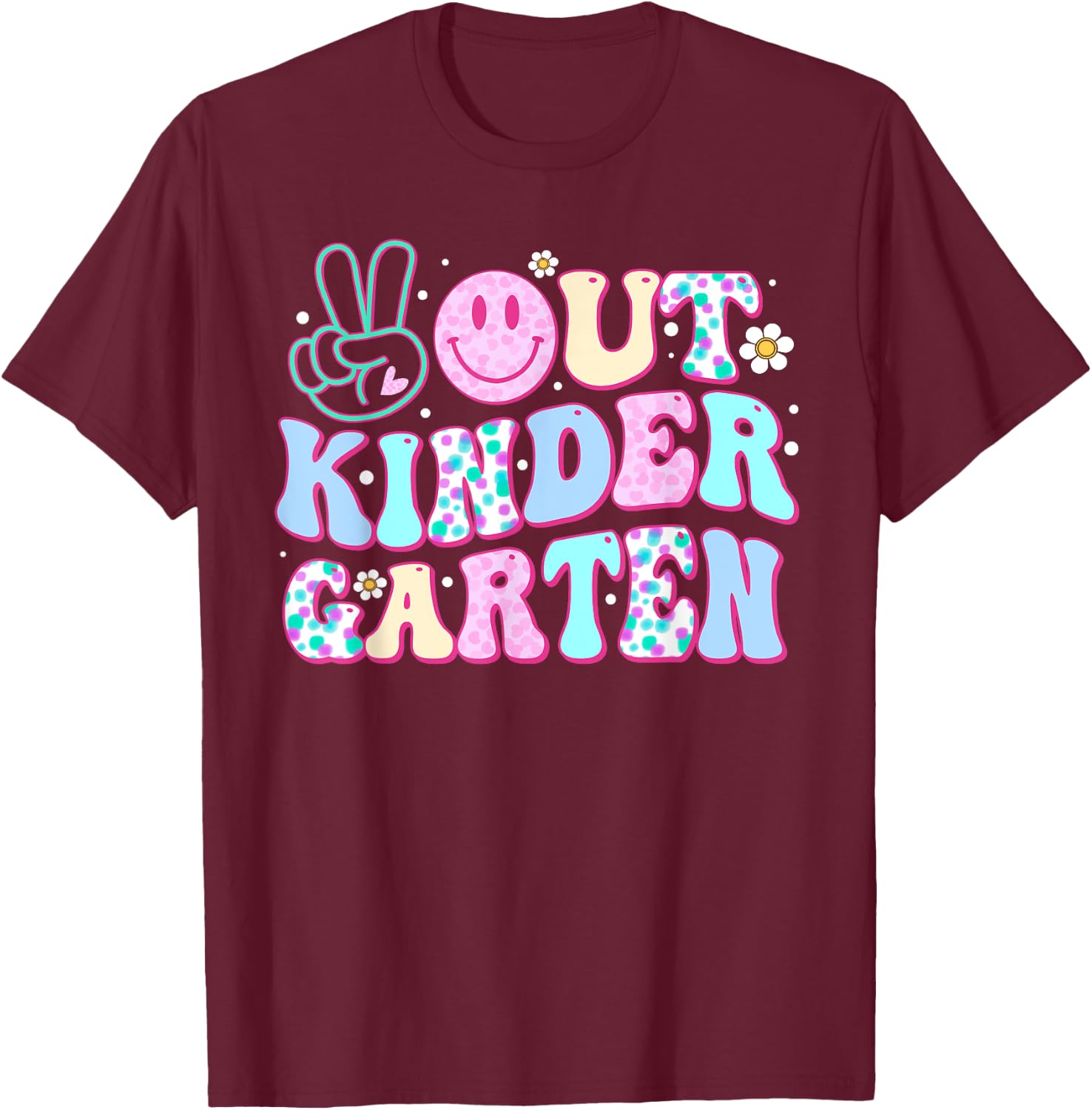 Peace Out Kindergarten Last Day Of School Groovy Boys Girls T-Shirt - T-Shirt | Maroon