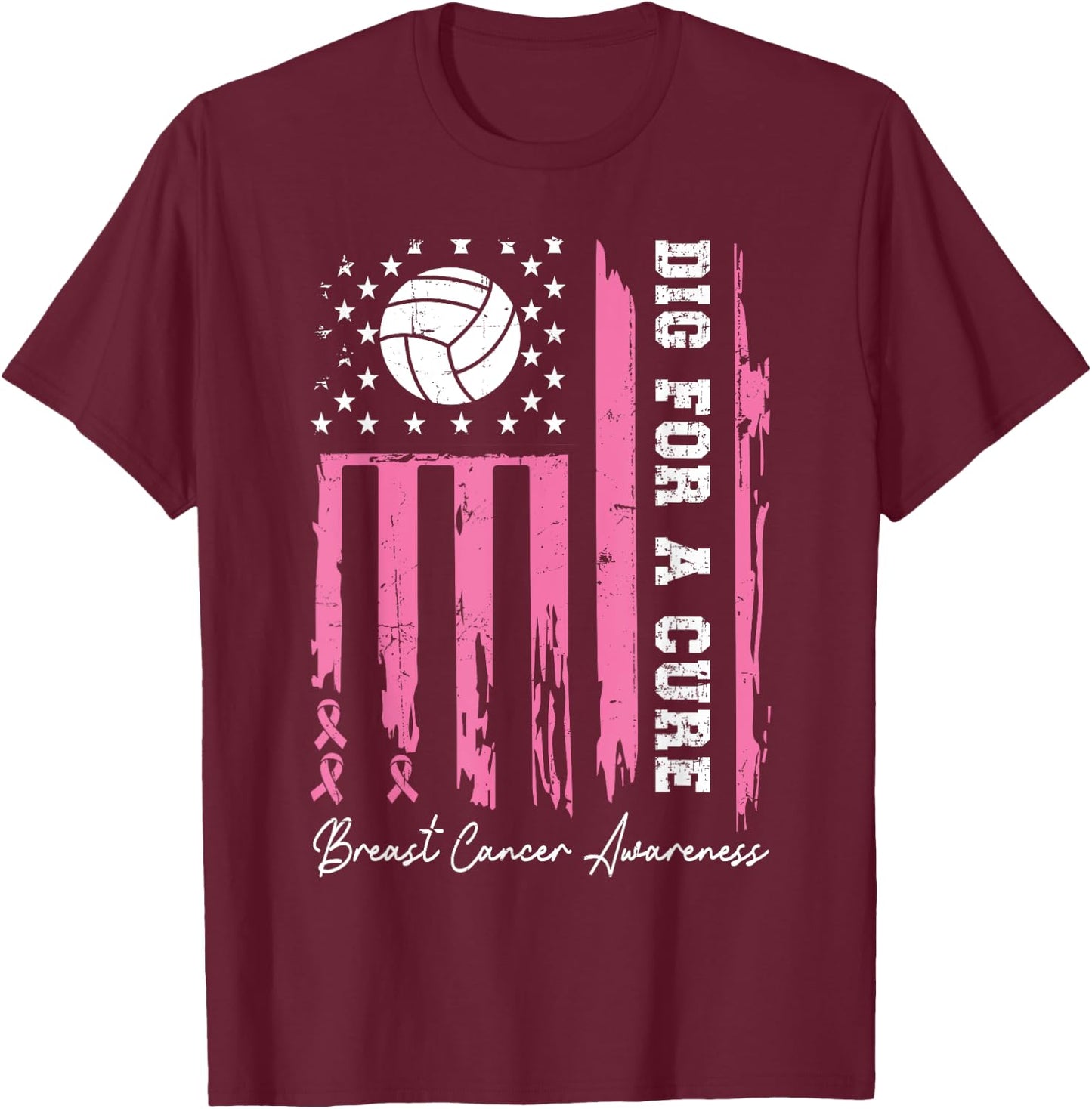 Dig For A Cure Breast Cancer Awareness Ribbon Volleyball T-Shirt - T-Shirt | Maroon