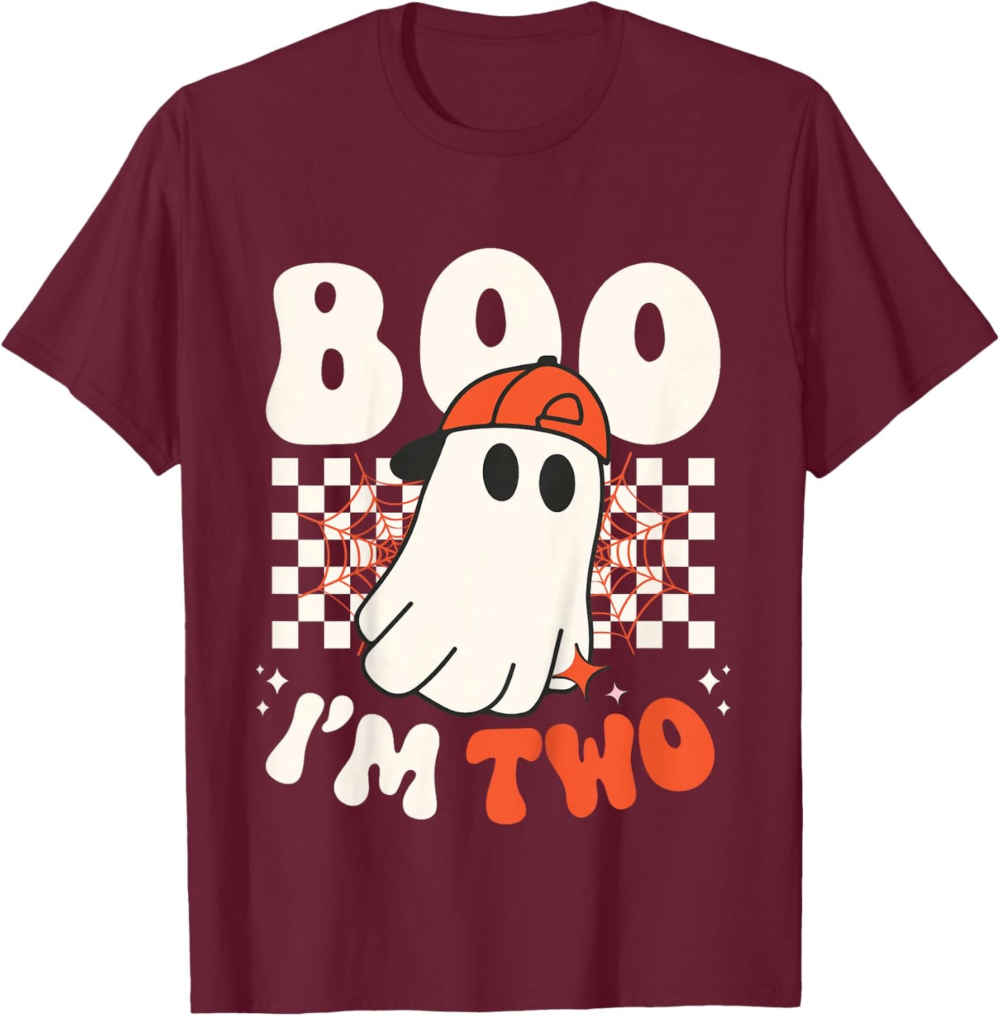 Kids Boo I'm Two Cute Ghost Groovy 2nd Second Birthday Boys Kids T-Shirt - T-Shirt | Maroon