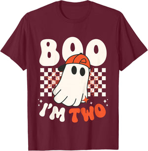 Kids Boo I'm Two Cute Ghost Groovy 2nd Second Birthday Boys Kids T-Shirt - T-Shirt | Maroon