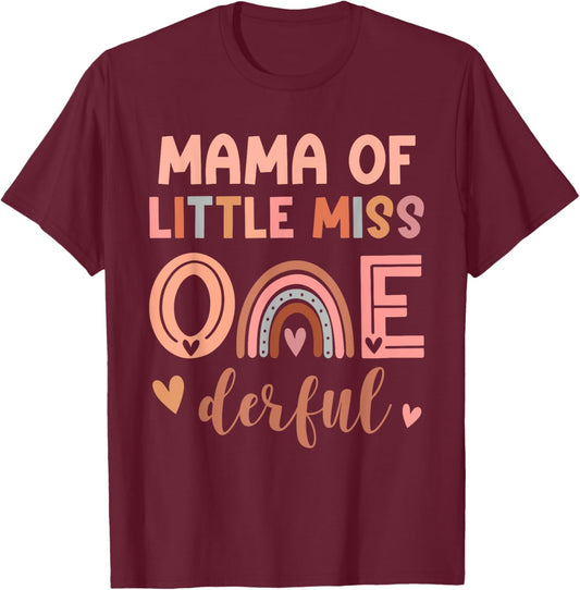 Mama of Miss Onederful 1st Birthday Party Girl Cute Mom T-Shirt - T-Shirt | Maroon
