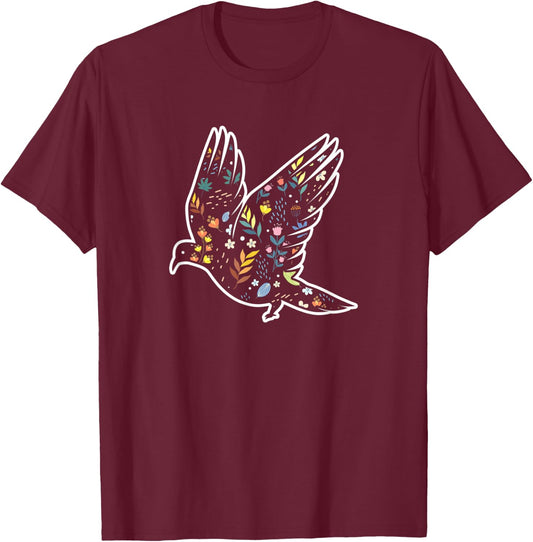 Floral Pattern Pigeon T-Shirt - T-Shirt | Maroon
